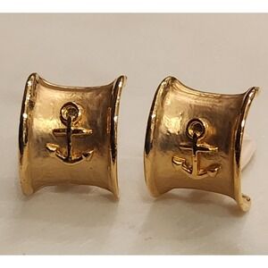 Vintage Anchor Clip On Earrings Gold-tone Nautical Curved Panel Coastal Preppy
